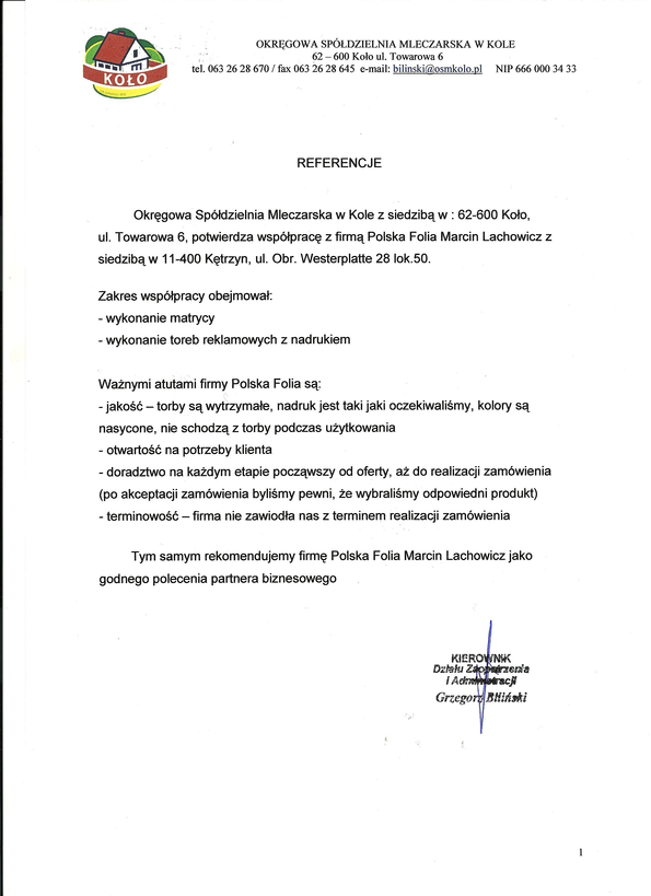 Referencja od firmy Okręgowa Spółdzielnia Mleczarska w Kole