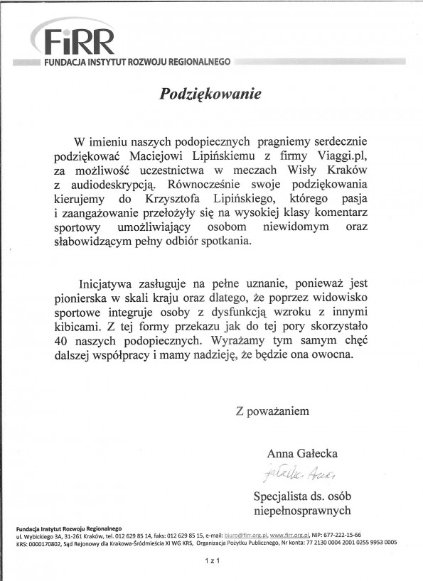 Referencja od firmy Fundacja Instytutu Rozwoju Regionalnego - Kraków
