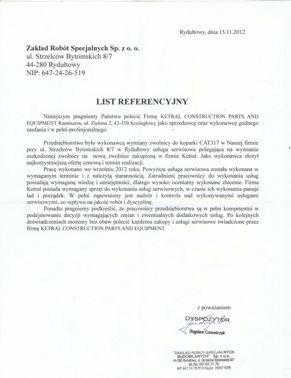 Referencja od firmy Zakład Robót Specjalnych Sp. z o.o.