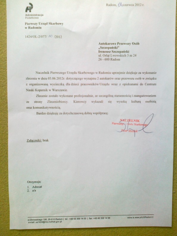 Referencja od firmy I Urząd Skarbowy w Radomiu