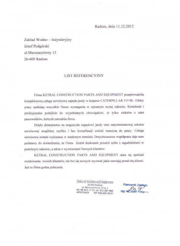 Referencja od firmy Zakład Wodno - Inżynieryjny Józef Podgórski