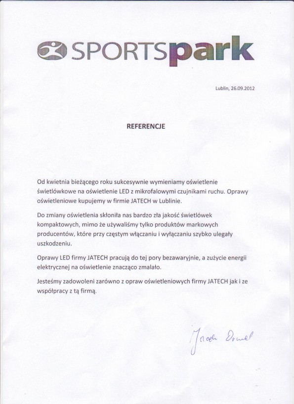 Referencja od firmy Sports Park w Lublinie