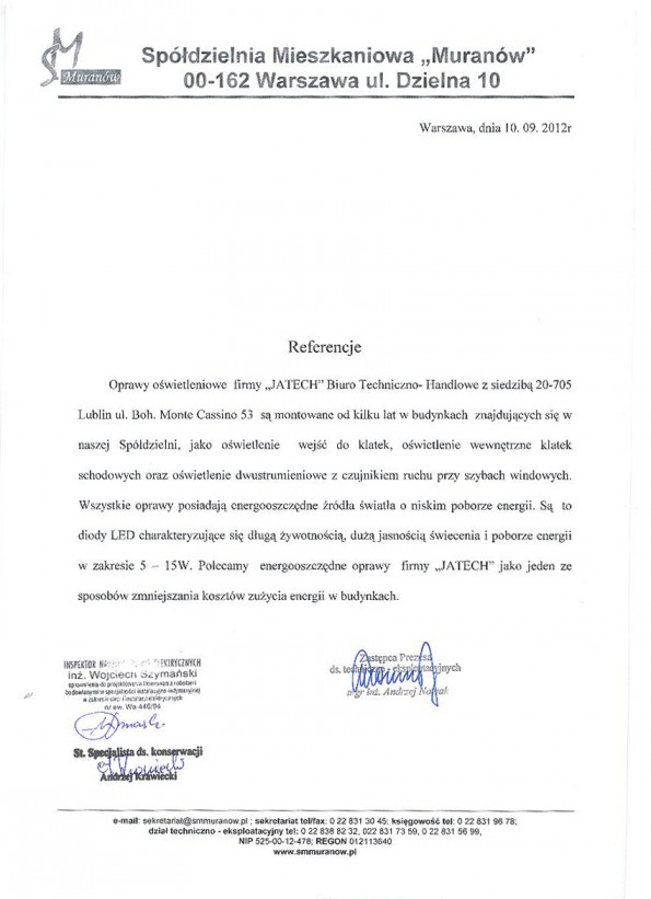 Referencja od firmy Spółdzielnia Mieszkaniowa Muranów w Warszawie