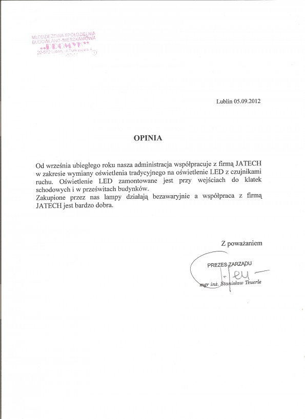 Referencja od firmy Młodzieżowa Spółdzielnia Budowlano-Mieszkaniowa Promyk w Lublinie