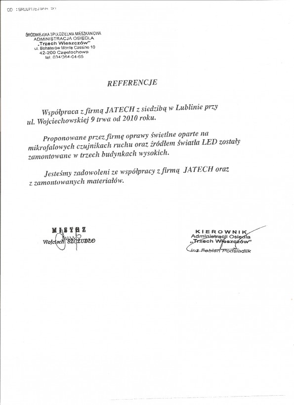 Referencja od firmy Śródmiejska Spółdzielnia Mieszkaniowa osiedle Trzech Wieszczów w Częstochowie