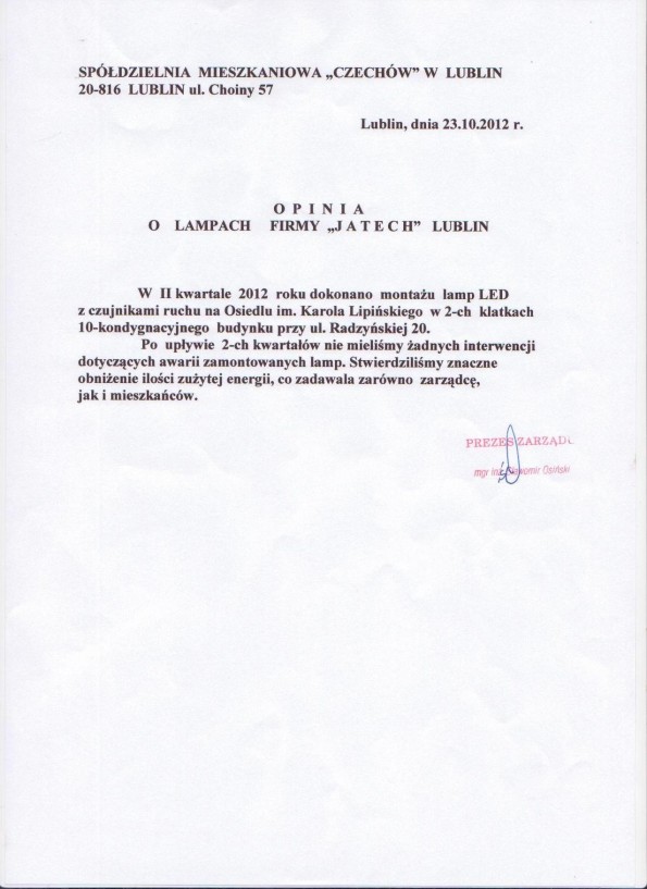 Referencja od firmy Spółdzielnia Mieszkaniowa Czechów w Lublinie