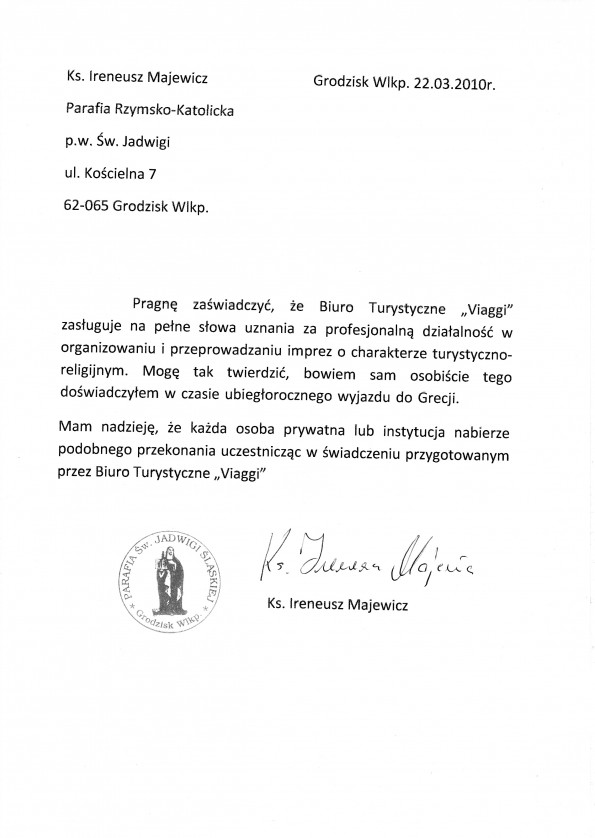Referencja od firmy Parafia św. Jadwigi - Grodzisk Wlkp.