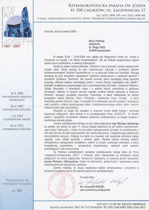 Referencja od firmy Parafia św. Józefa - Chorzów