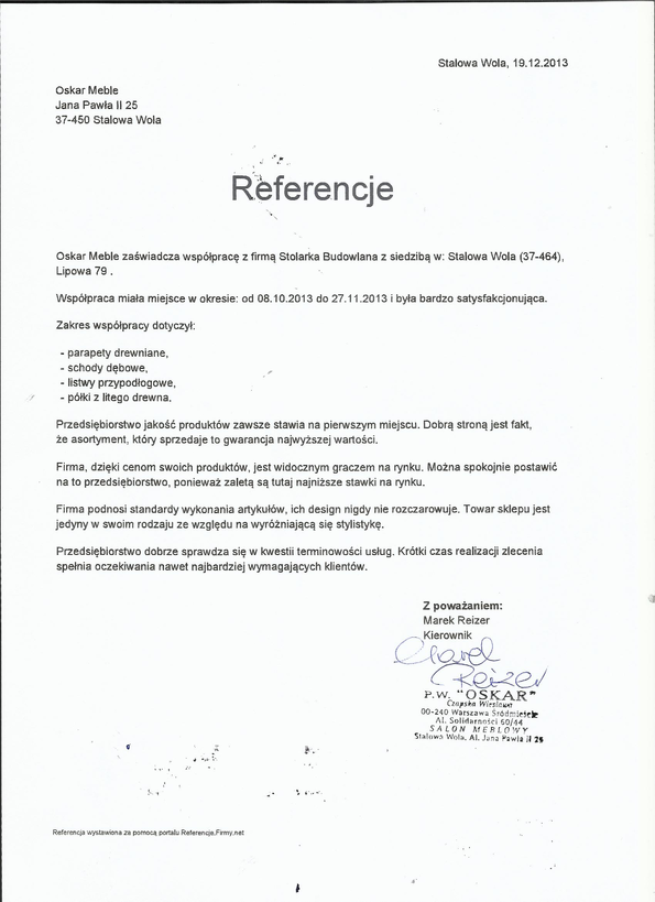 Referencja od firmy Oskar Meble