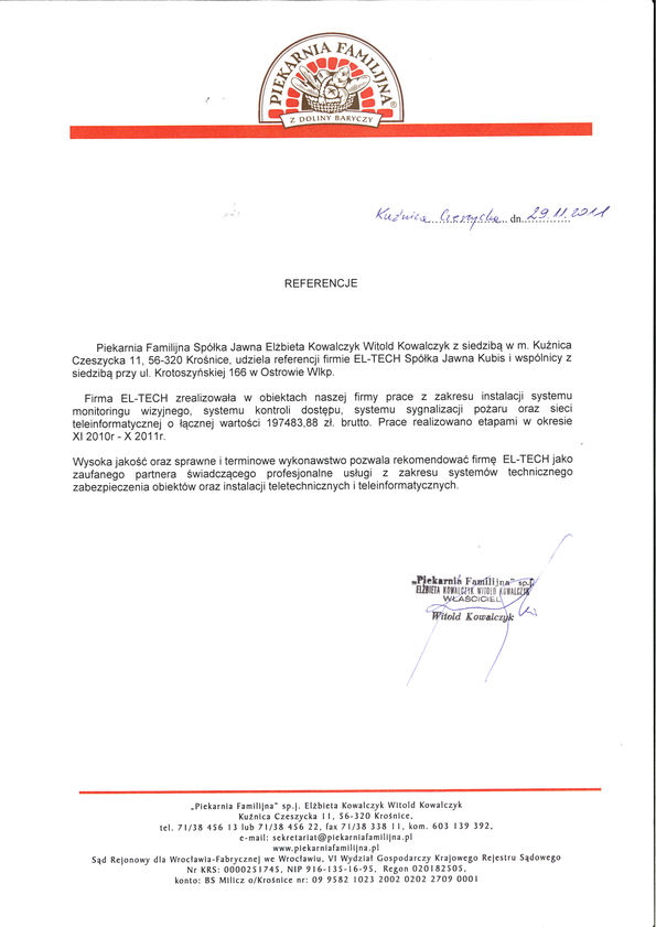 Referencja od firmy Piekarnia Familijna Sp. J.
