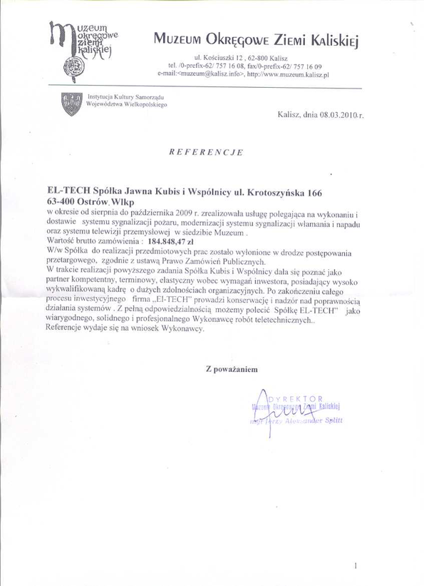 Referencja od firmy Muzeum Okręgowe Ziemi Kaliskiej