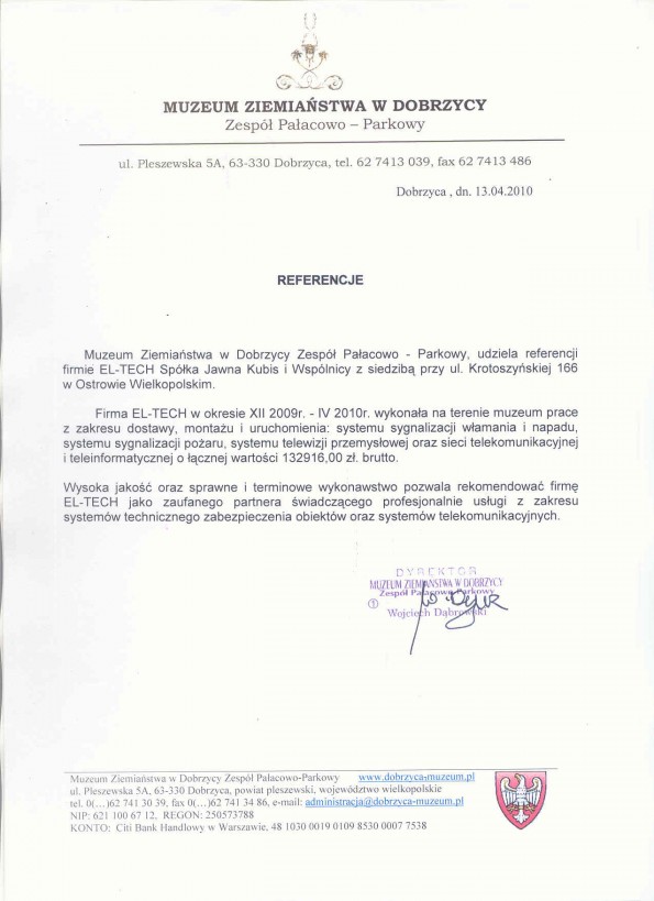 Referencja od firmy Muzeum Ziemiaństwa w Dobrzycy