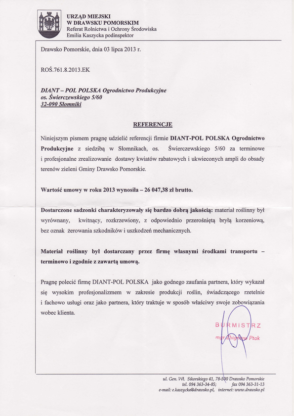 Referencja od firmy Urząd Miejski Drawsko Pomorskie