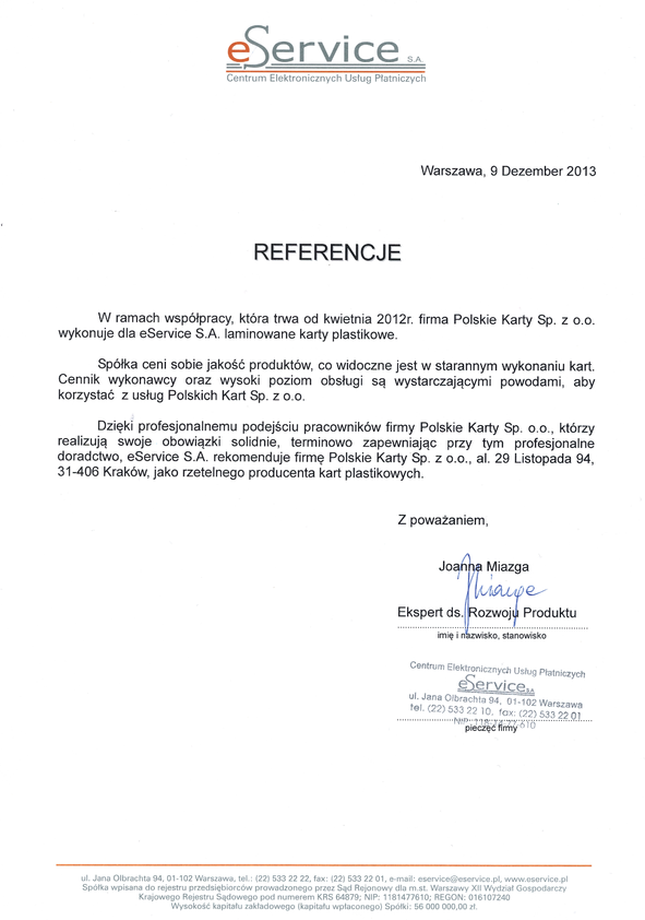Referencja od firmy eService S.A.