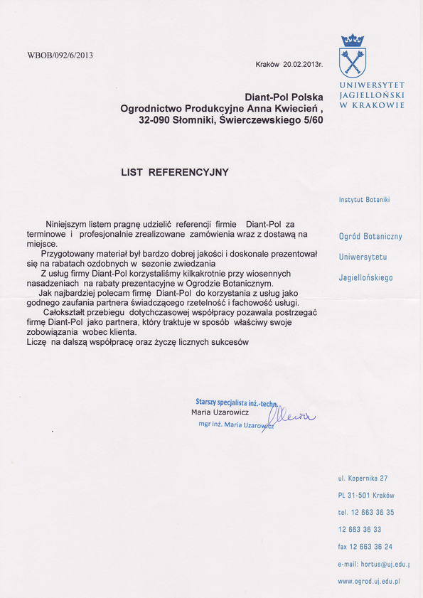 Referencja od firmy Uniwersytet Jagielloński