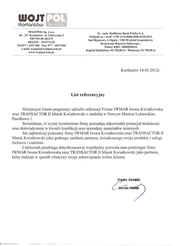 Referencja od firmy Wojtpol
