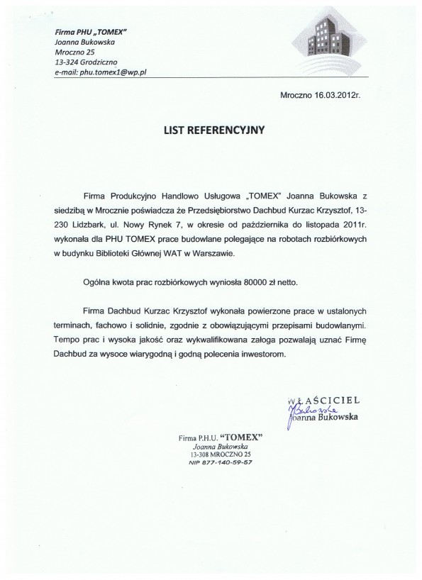 Referencja od firmy Firma P.H.U.TOMEX Joanna Bukowska 13-308 Mroczno 25 nip 877-140-59-57