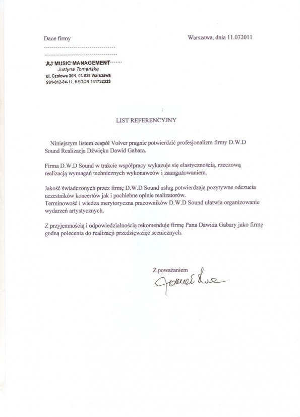 Referencja od firmy AJ MUSIC MANAGEMENT