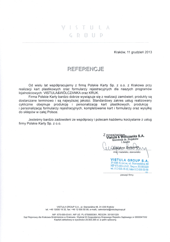 Referencja od firmy Vistula Group S.A.