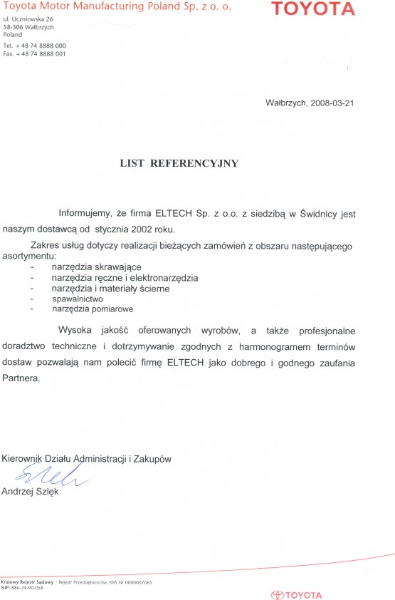 Referencja od firmy Toyota Motor Manufacturing Poland Sp. z o.o.