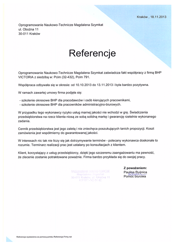 Referencja od firmy Oprogramowanie Naukowo - Techniczne Magdalena Szymkat