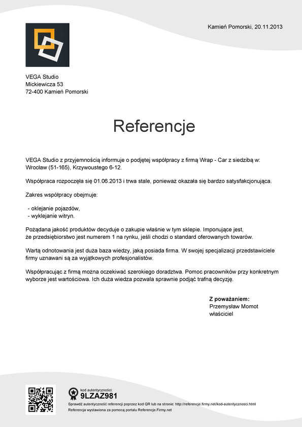 Referencja od firmy VEGA Studio