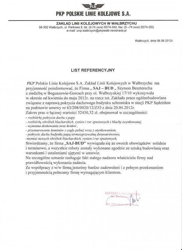 Referencja od firmy PKP S.A Wałbrzych