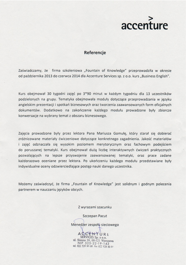 Referencja od firmy Accenture