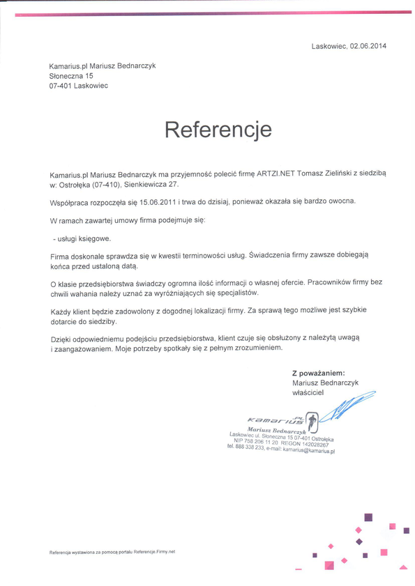 Referencja od firmy Kamarius.pl Mariusz Bednarczyk