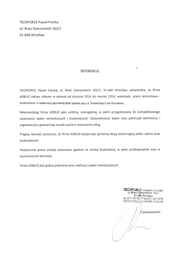 Referencja od firmy TECHFORCE Paweł Franka