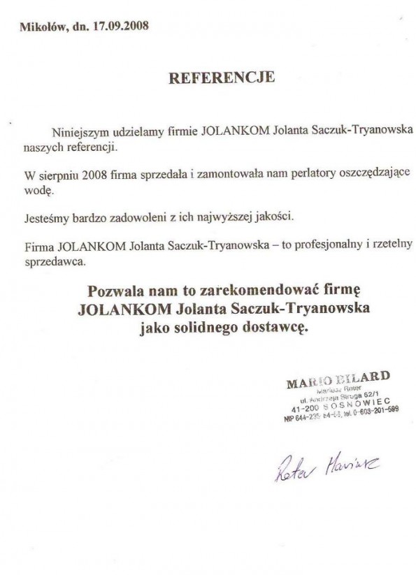 Referencja od firmy Mario Bilard Mariusz Roter
