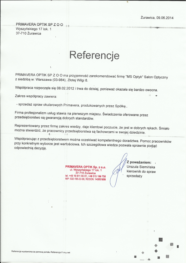 Referencja od firmy PRIMAVERA OPTIK SP Z o. o.