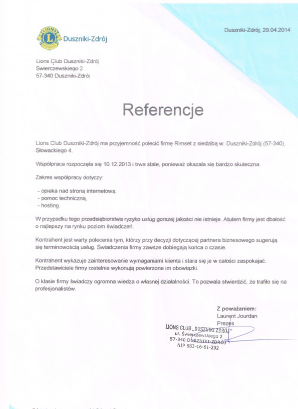 Referencja od firmy Lions Club Duszniki-Zdrój