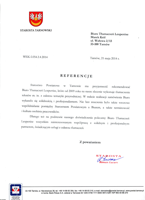 Referencja od firmy Starosta Tarnowski