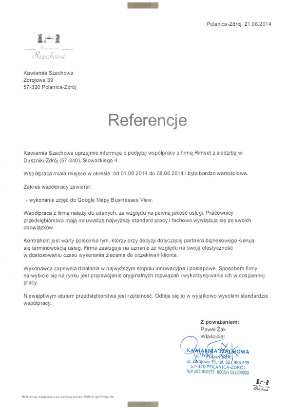 Referencja od firmy Kawiarnia Szachowa