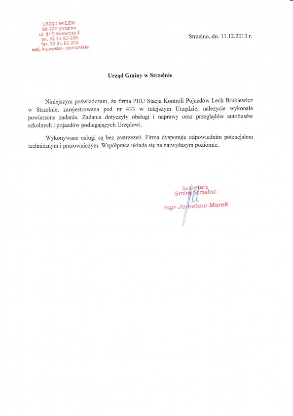 Referencja od firmy Urząd Miejski Strzelno