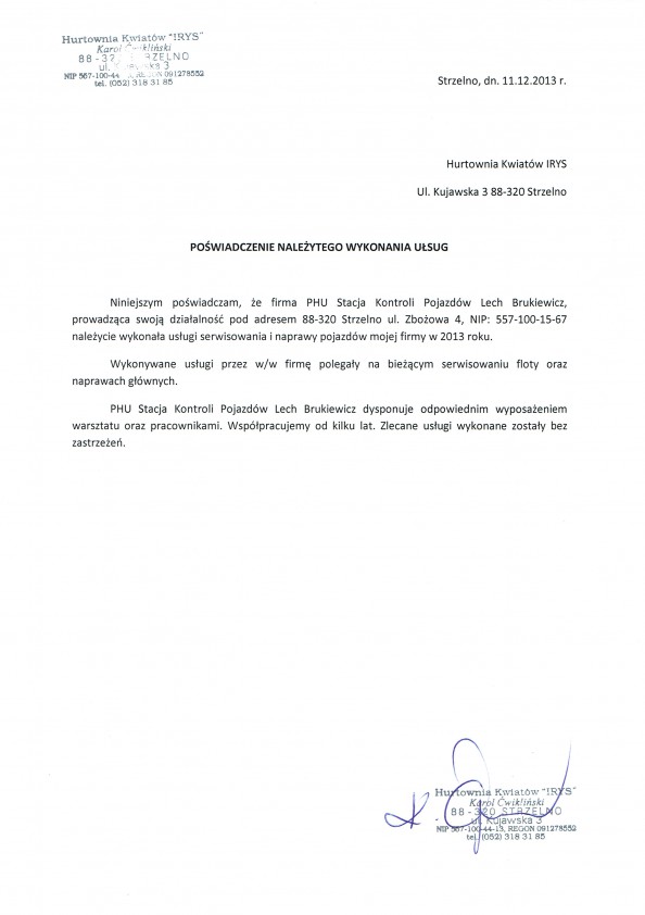 Referencja od firmy Hurtownia Kwiatów IRYS