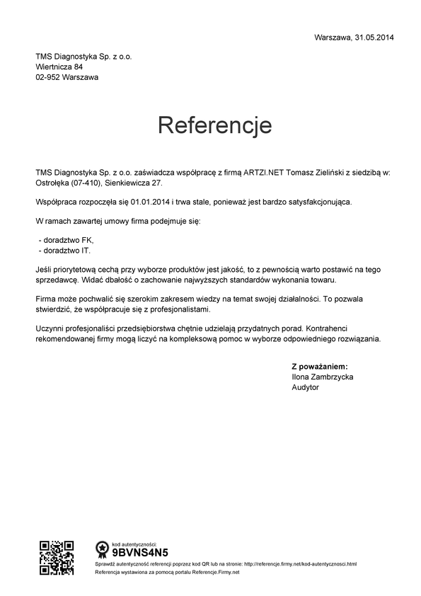 Referencja od firmy TMS Diagnostyka sp. z o.o.