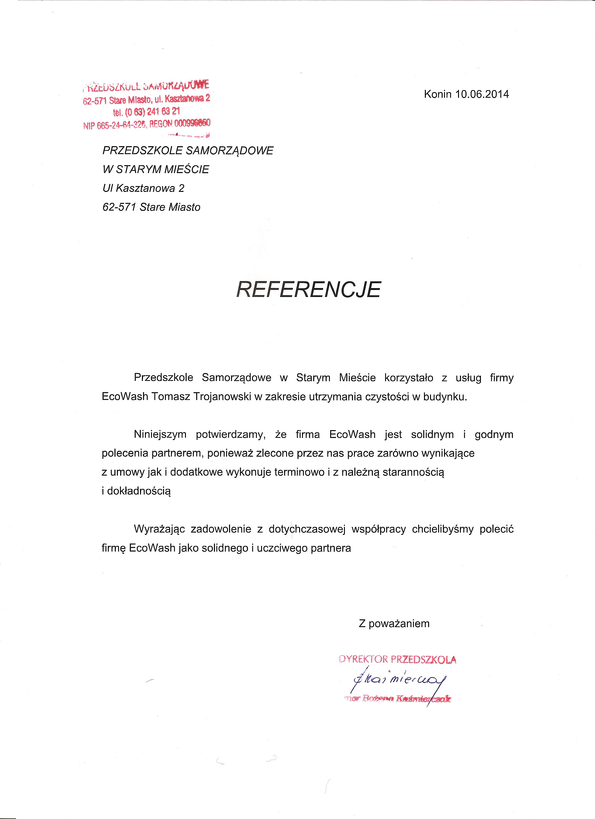 Referencja od firmy Samorządowe Przedszkole w Starym Mieście