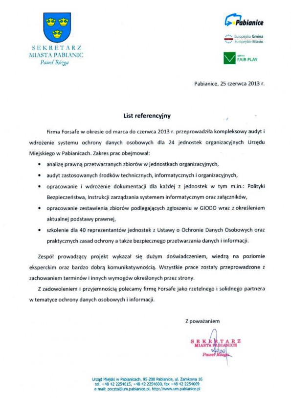 Referencja od firmy Urząd Miejski w Pabianicach