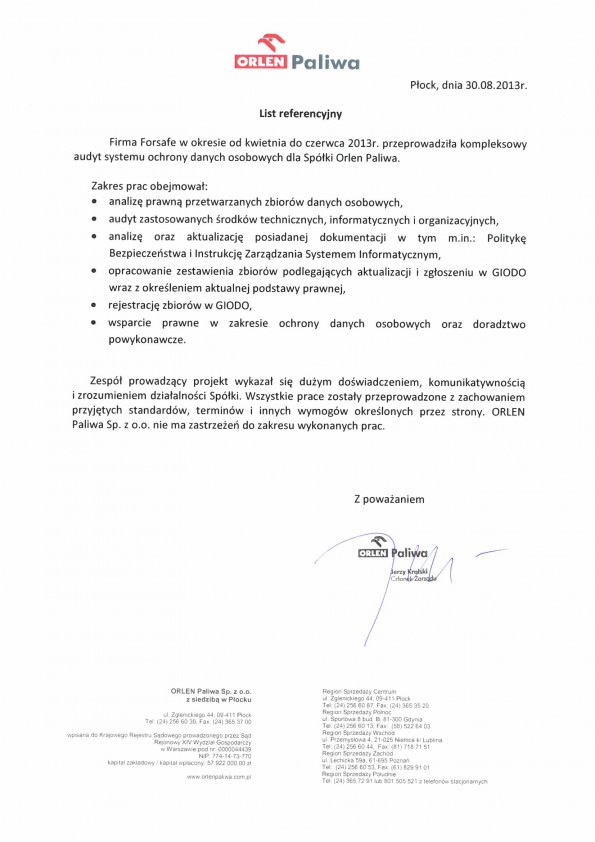 Referencja od firmy Orlen Paliwa Sp. z o.o.