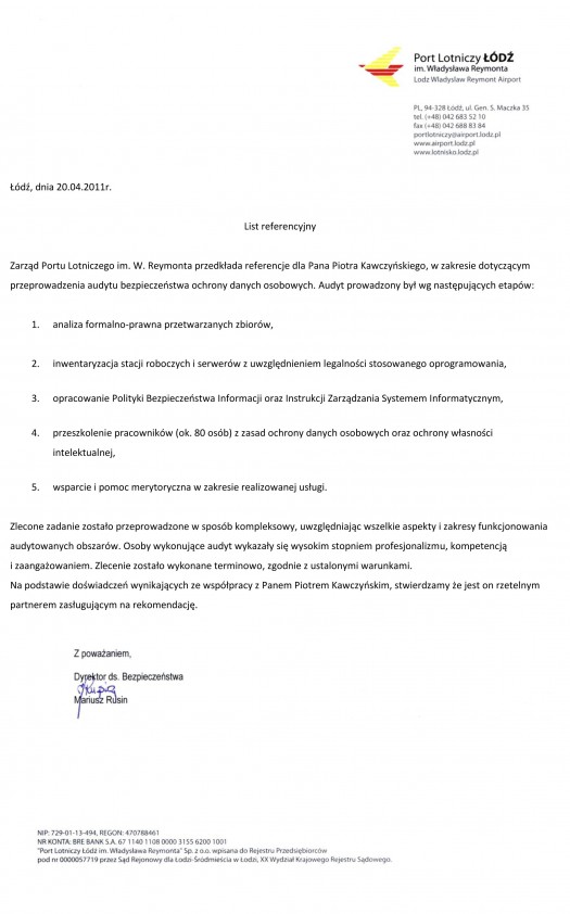 Referencja od firmy Port Lotniczy Łódź im. Wł. Reymonta