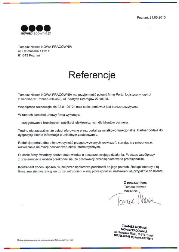 Referencja od firmy Tomasz Nowak NOWA PRACOWNIA
