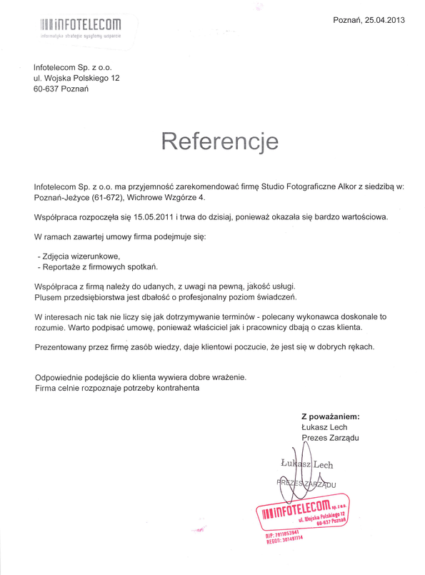 Referencja od firmy Infotelecom Sp. z o.o.