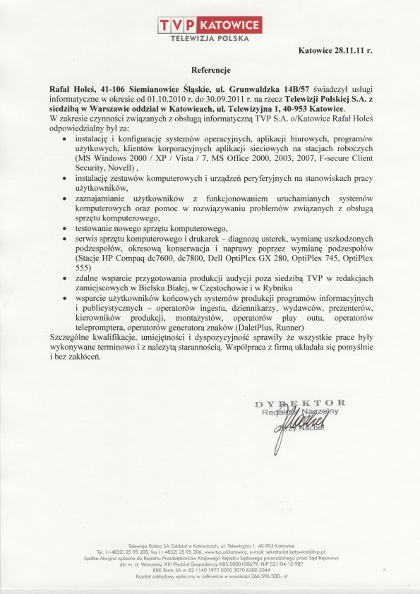 Referencja od firmy TVP S.A. O/Katowice