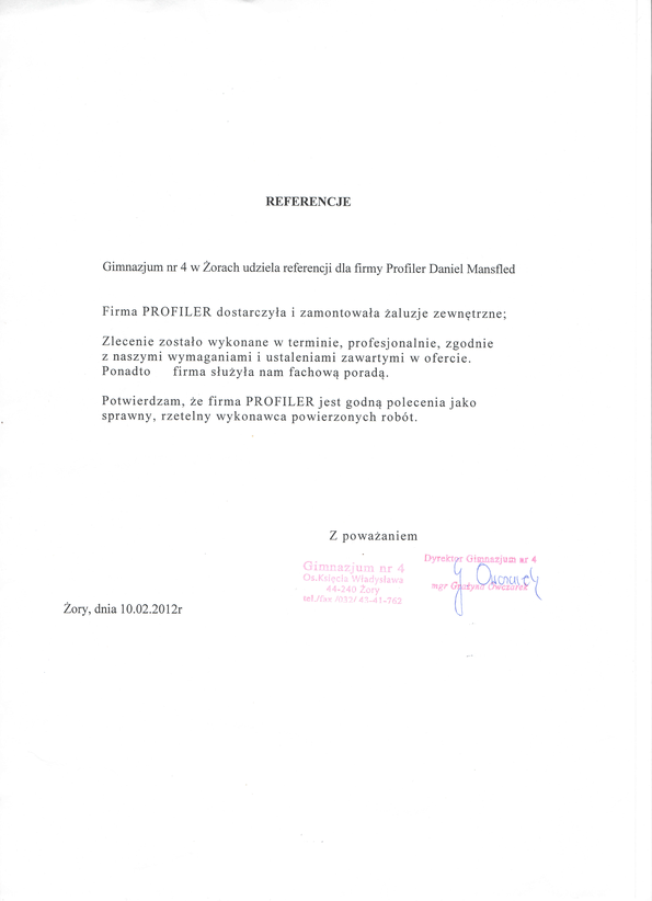 Referencja od firmy Gimnazjum nr 4 w Żorach