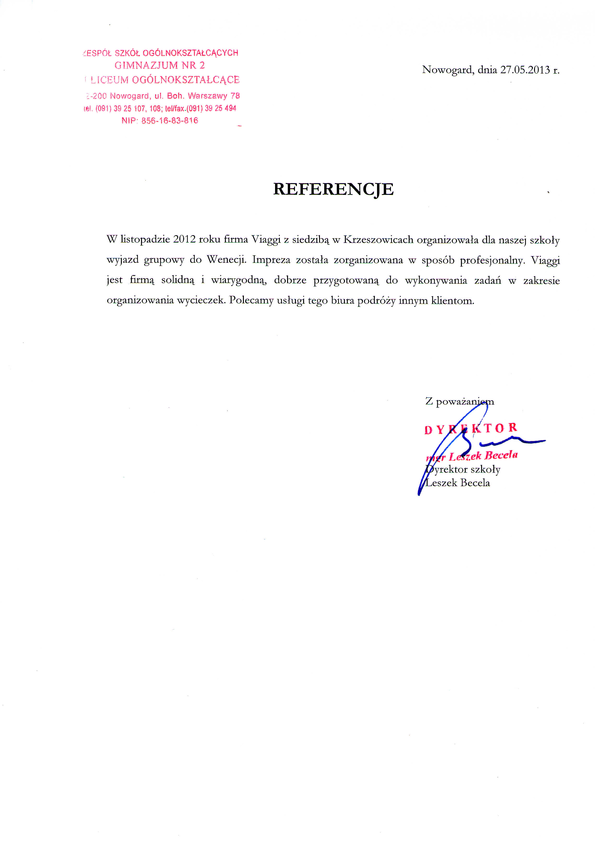 Referencja od firmy Zespół Szkół Ogólnokształcących w Nowogardzie