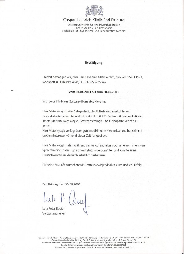 Referencja od firmy Caspar Heinrich Klinik Bad Driburg