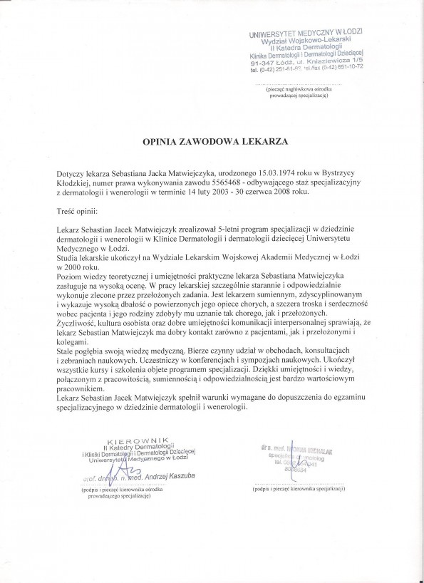 Referencja od firmy Klinika Dermatologii, Dermatologii Dziecięcej, Uniwersytet Medyczny w Łodzi
