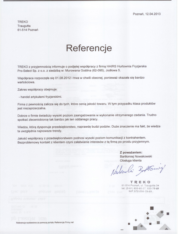 Referencja od firmy TREKO SP. Z O.O.